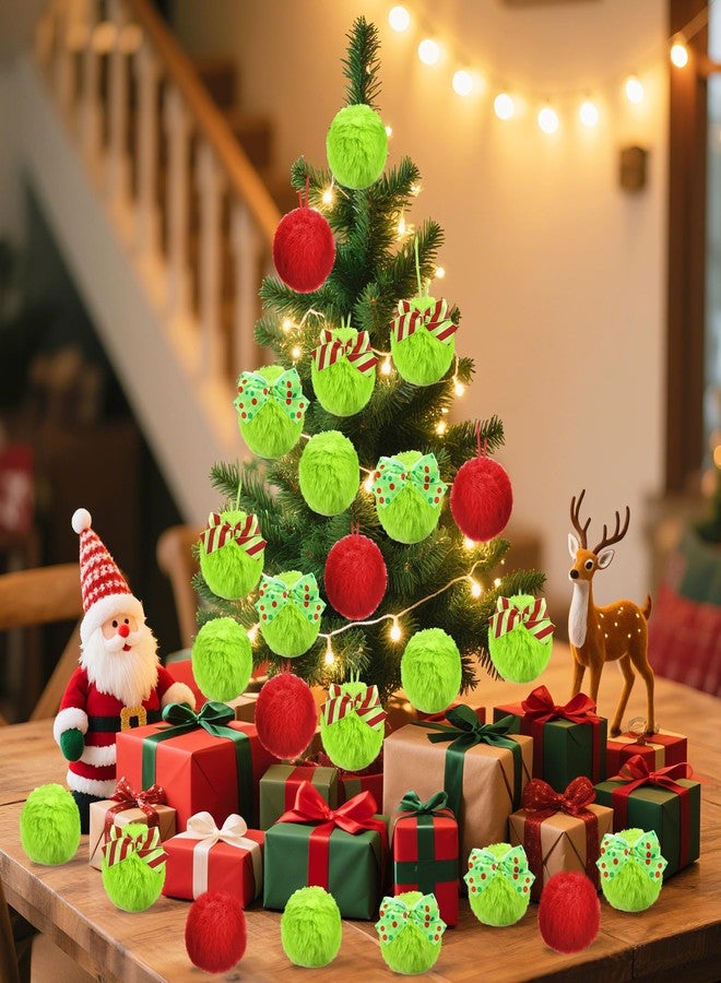 Vynium 24 Pcs Red Green Furry Christmas Ball Ornaments, 3.15 Inch Large Decor Ball with Bows, Christmas Hanging Decorations Lime Green Soft Faux Fur Pom Pom Balls Decor for Xmas Tree Party Supplies - Image 4
